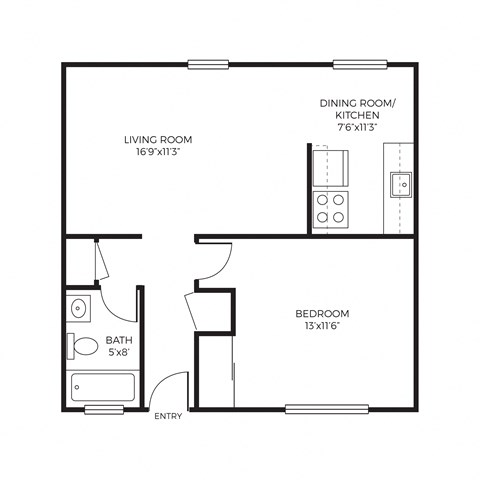 Floor plan for 1 bed, 1 bath, 570 sqft